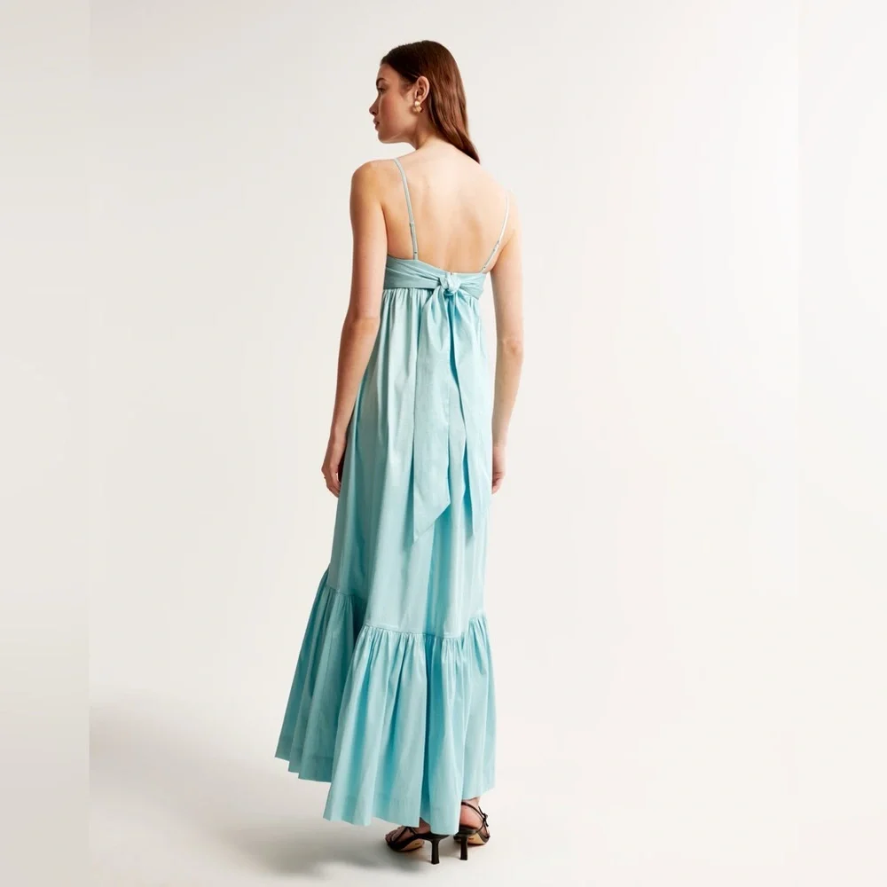A&F Drama Bow-Back Taffeta Maxi Dress Light Blue Summer Wedding Modern Romantic